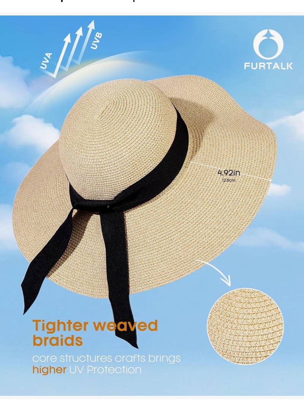 Women’s Wide Brim Straw Sun Hat with Black Ribbon Trim